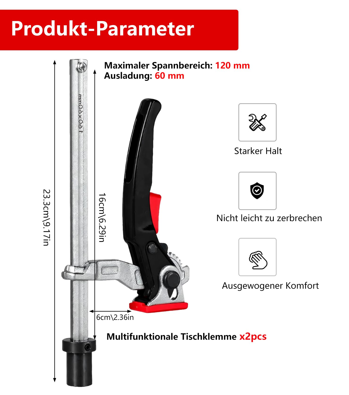 2 abrazaderas de palanca de acero entero de 20mm, soporte de 20 mm elemento tensor rango de sujeción de 160 mm, compatible con bessey, abrazadera de una mano, mesa de soldadura