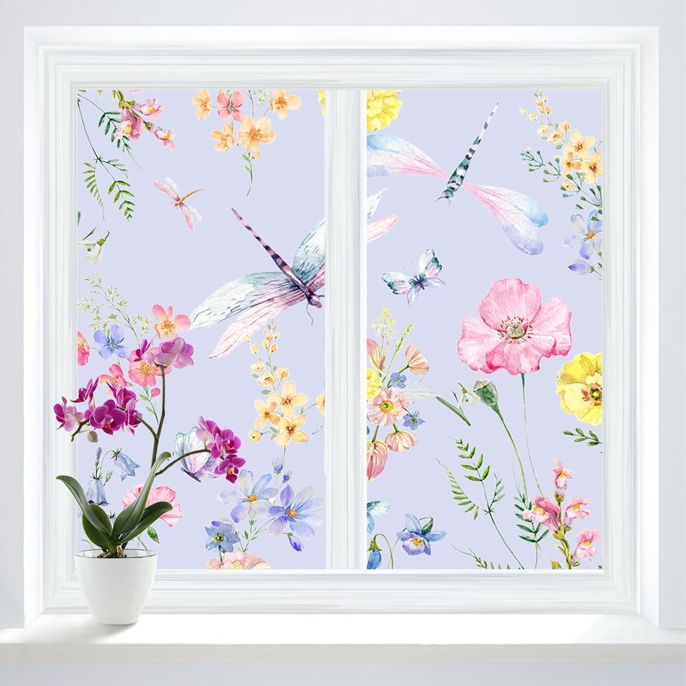 Modern Green Leaves Floral Dragonfly Window Privacy Film,Abstract Farm Plants Rustic Butterfly Dragonfly Self Adhesive Window Stickers-23.6W x35.4L in x1Pcs