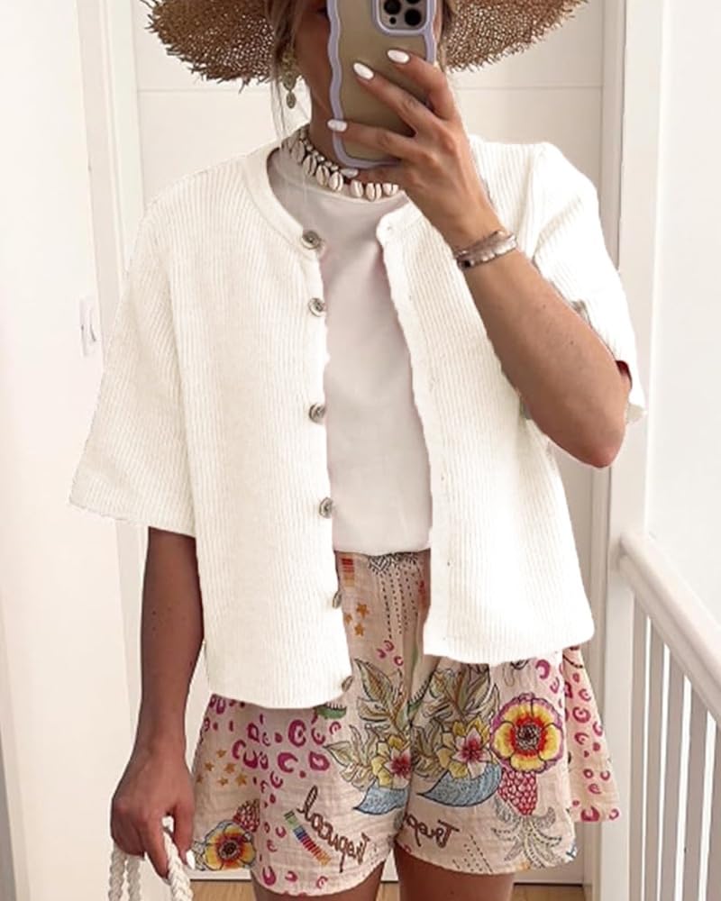 Cardigan Femme Chic Et Elegant Gilet Court en Maille pour Femme Style Années 2000 Manches Courtes Boutonné Style Cardigan Couleur Unie Maille Côtelée Vêtement D'Extérieur Léger Pou