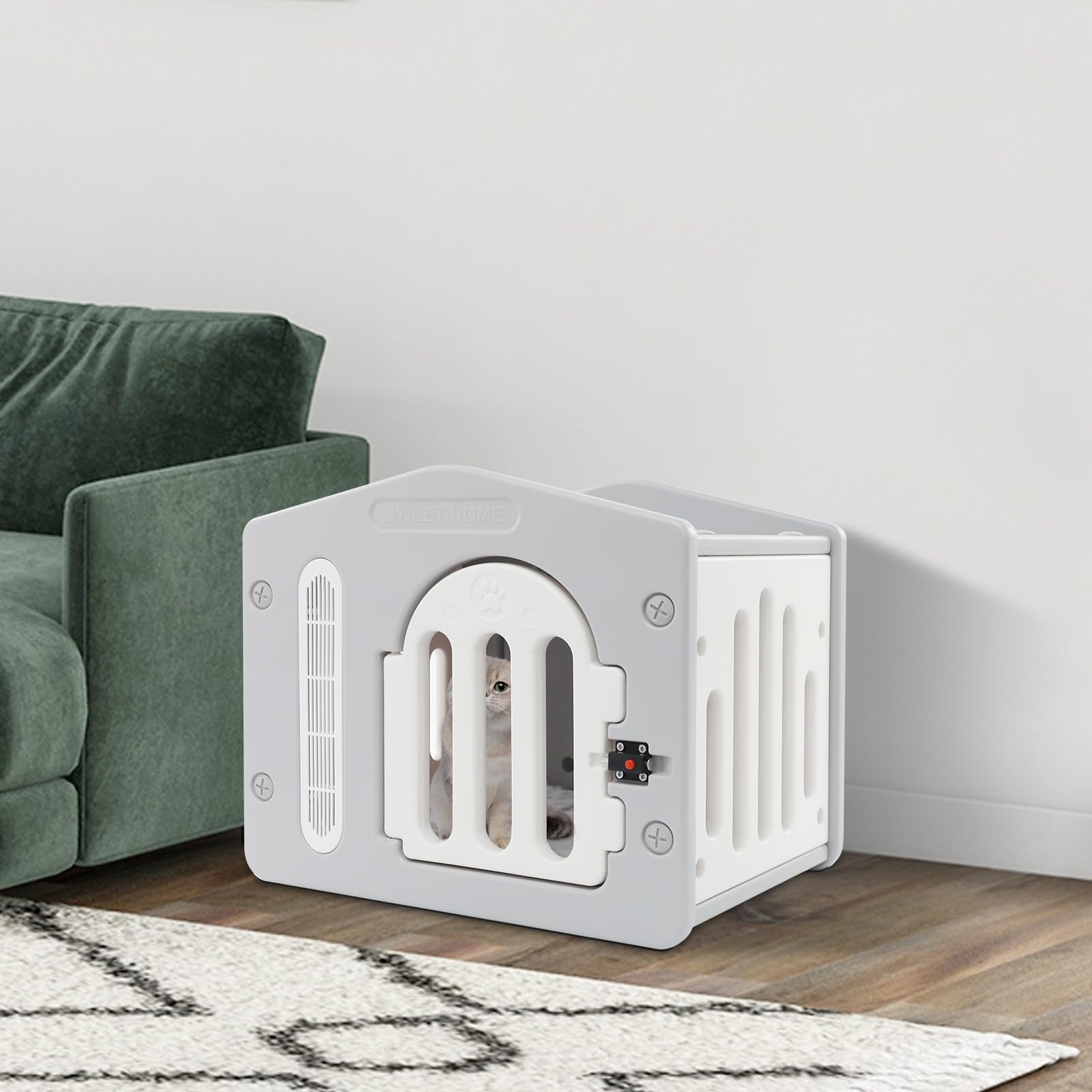 Maison pour chat d'extérieur - Robuste - Avec serrure de porte à bouton pression pour l'intérieur et l'extérieur - Niche confortable avec coussin pour chat et ventilation - 52 x 40 x 45 cm