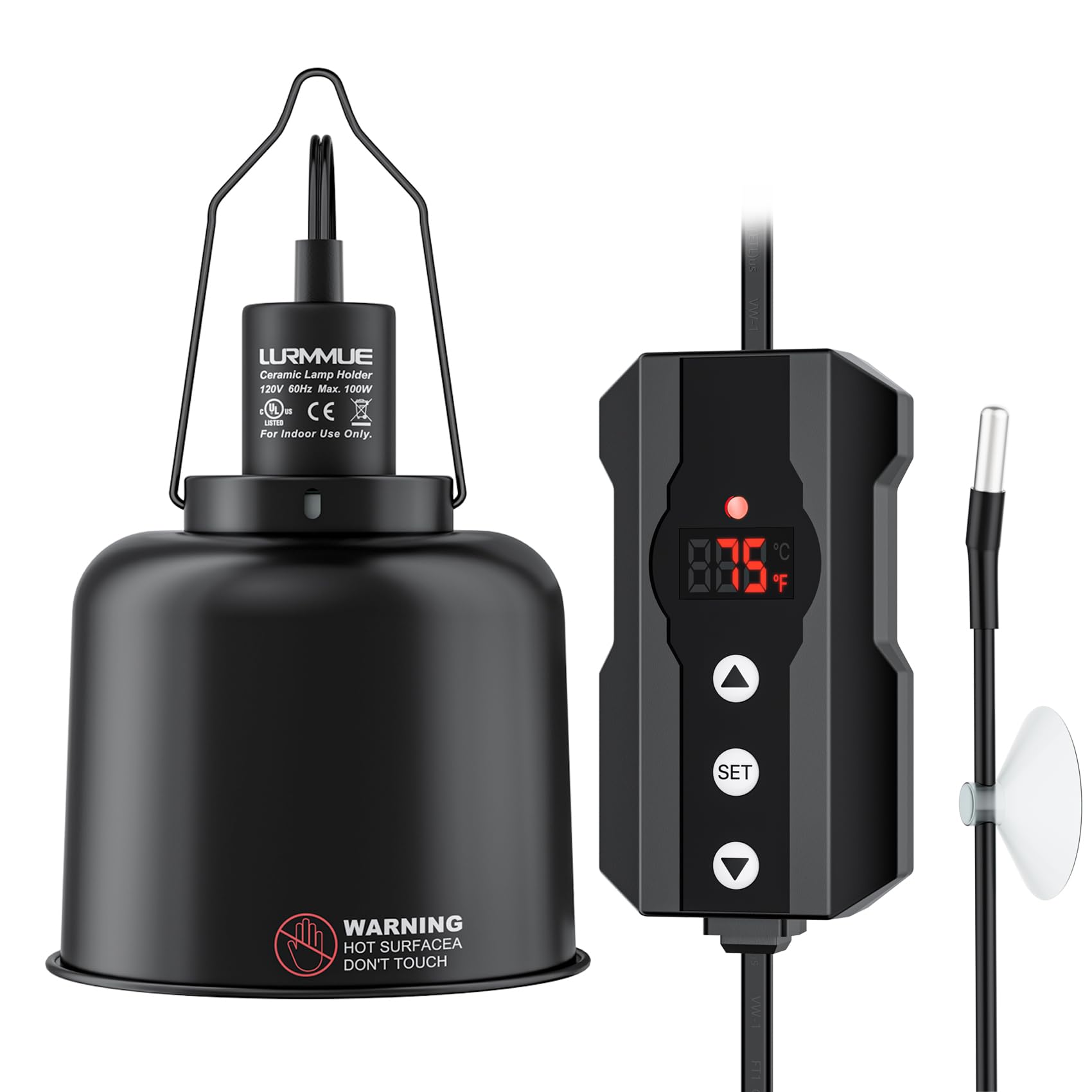 Reptile Heat Lamp Fixture 5.5" Deep Dome with Clamp & Digital Reptile Thermostat Controller, Ceramic Socket UVA UVB Basking Bulb Holder, PID Temp Control for Bearded Dragons Turtles Lizards Snakes