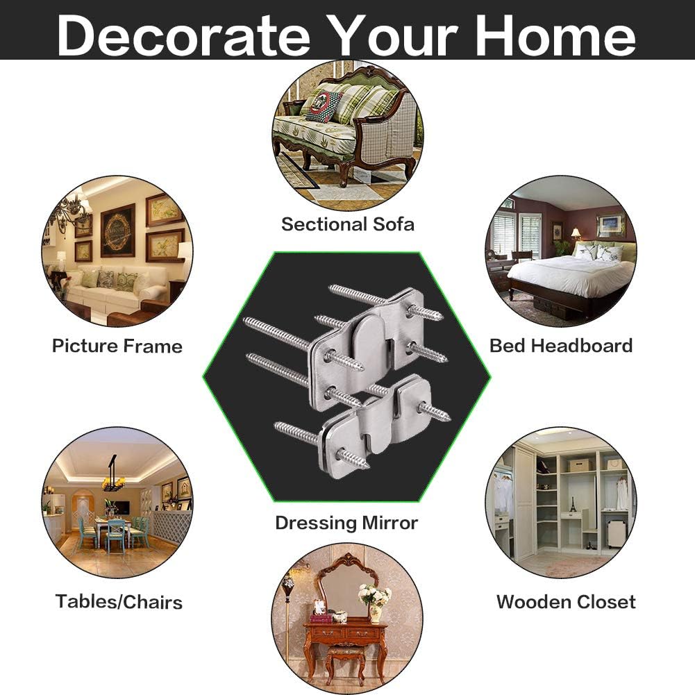 2 Sets Furniture Flush Mount Bracket-Headboard Wall Mount Hardware-Large Picture Hangers-Mirror Hook Matching Hook-Stainless Steel Interlocking Z Clips (Large,with Screws and Expansion Plastic Plug)