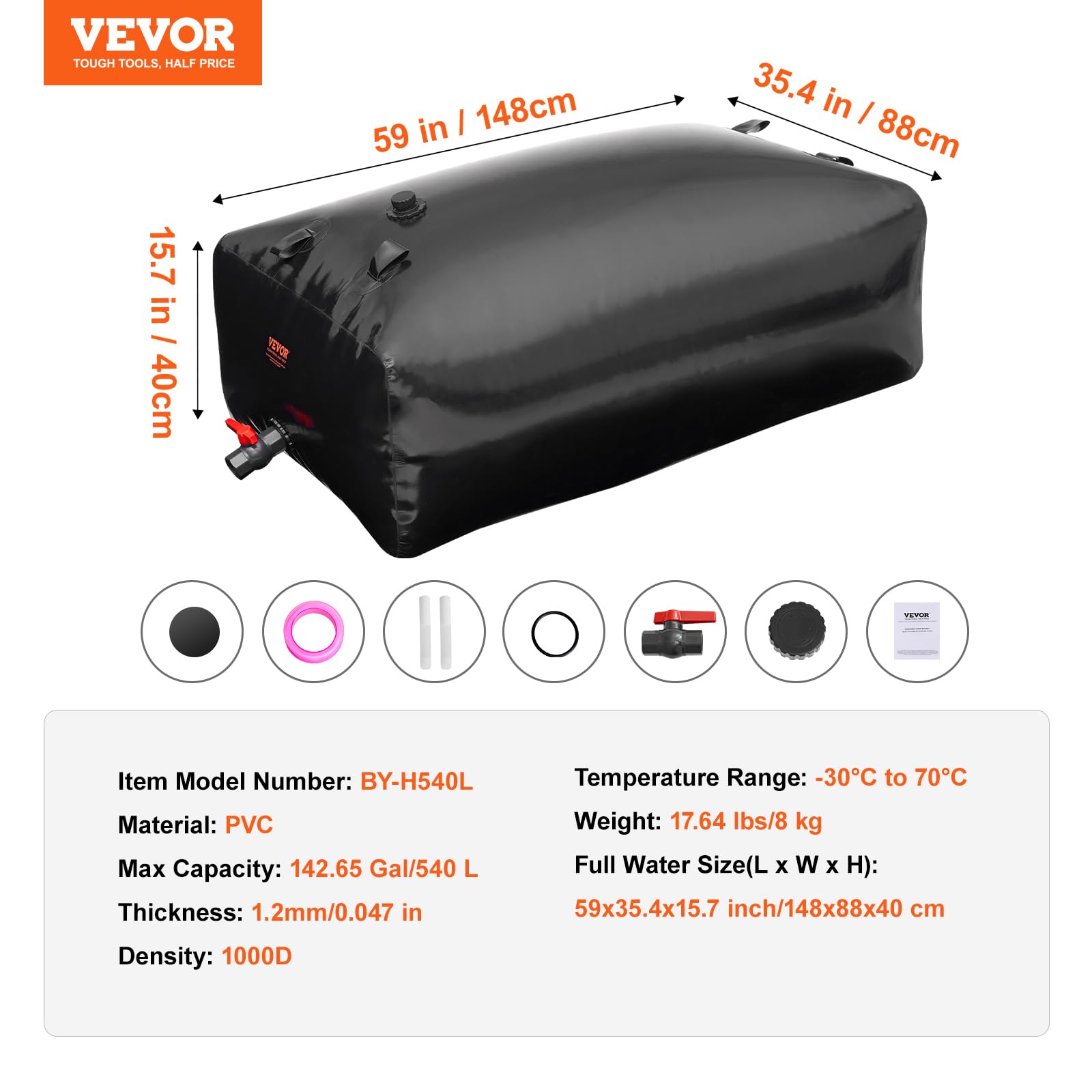 VEVOR Wasserblasen Aufbewahrungsbehälter 540 L, Wohnmobil-Wassertank, 1000D PVC faltbare Wasserspeicherbehälter, weicher Wasserbeutel, tragbare Wasserblase, Brandschutz, Camping, Notfall, Schwarz