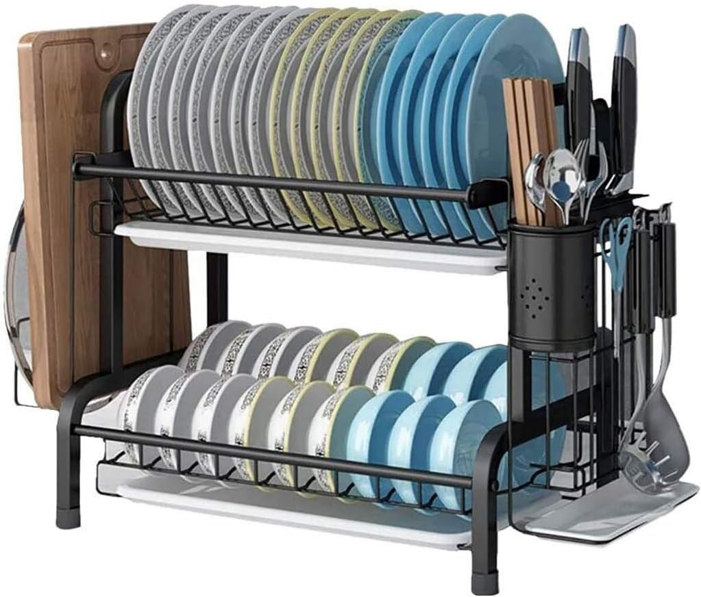 Dish Drying Rack Cutlery Rack for Dishwasher Dish Drying Rack,2-Tier 304 Stainless Steel Dish Rack with Drain Board,Cutting Board Holder and Dish Drainer for Kitchen Counter Draining Rack W