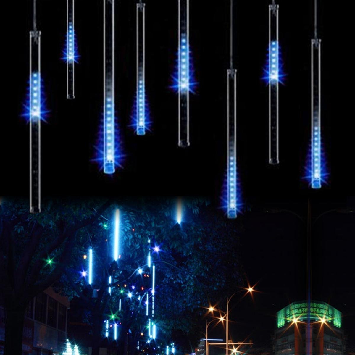 KINGCOO LED Meteor Shower Solar Lights Garden, Waterproof 30cm 10 Tubes 360LED Falling Raindrop Cascading Icicle Decorative String Lights for Holiday Party Wedding Christmas Tree Decoration (Blue)