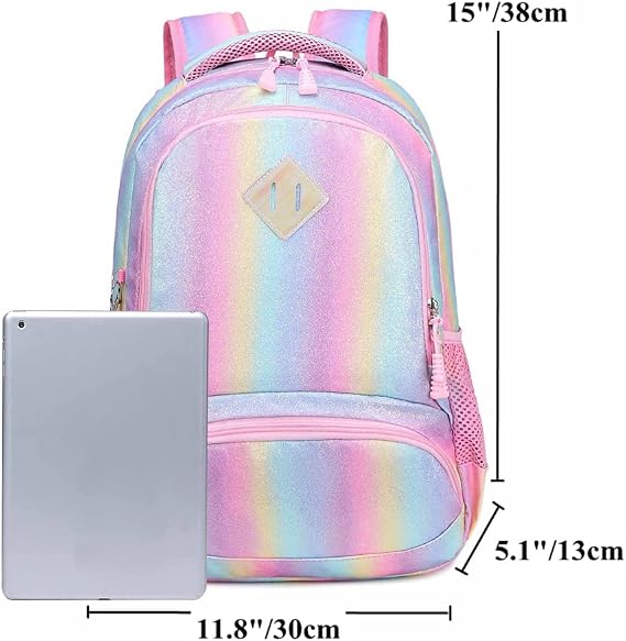 Girls Backpack Glitter Rainbow Backpack for Elementary School Girls Colorful Rucksack Shiny Backpacks for Kids