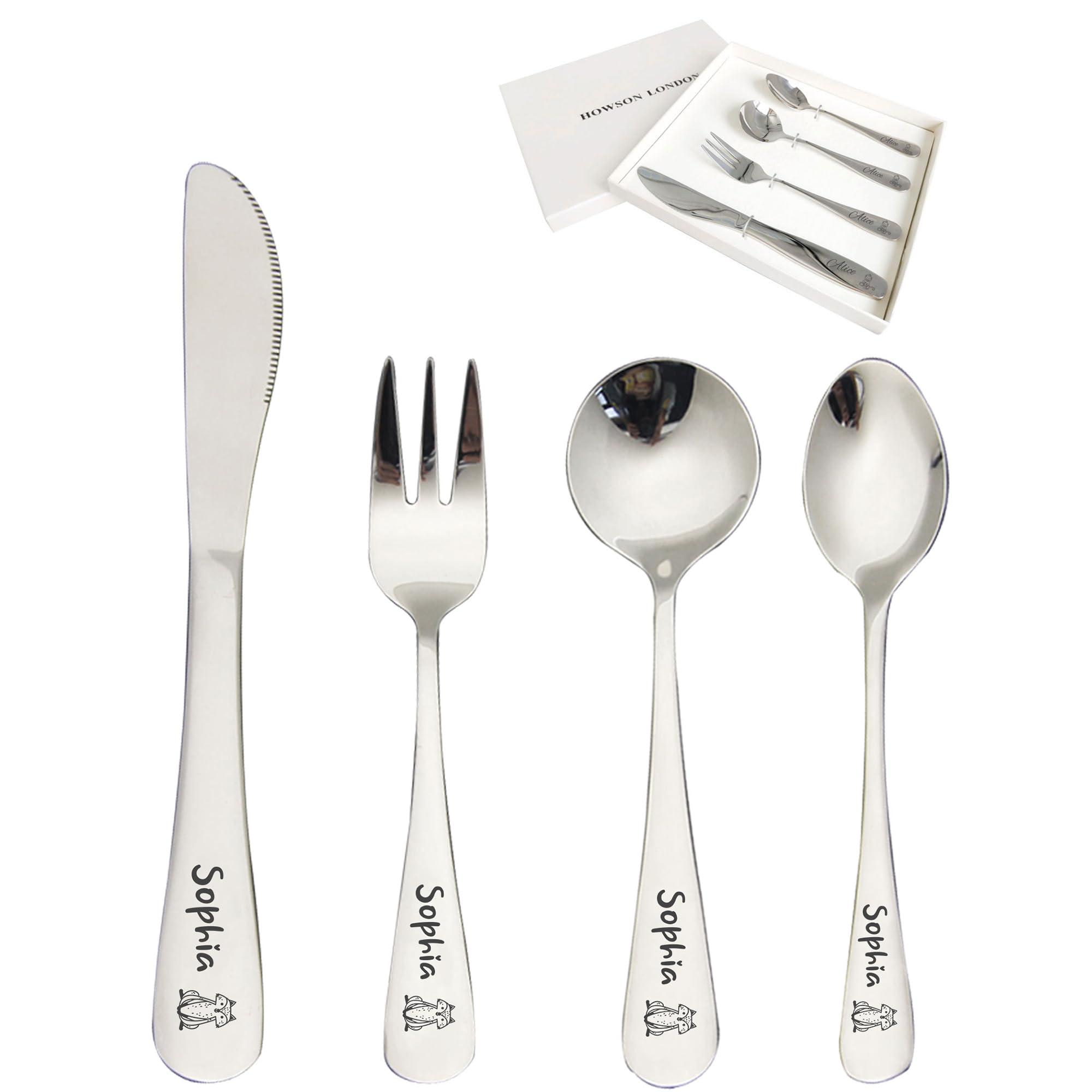 Personalised Kids Cutlery Set, 4pcs Stainless Steel Cutlery Set with Knife Fork Spoon, Engraved Cutlery Sets for Kids, Children, Toddler, Gifts for Christening, Christmas, Birthday (Fox)