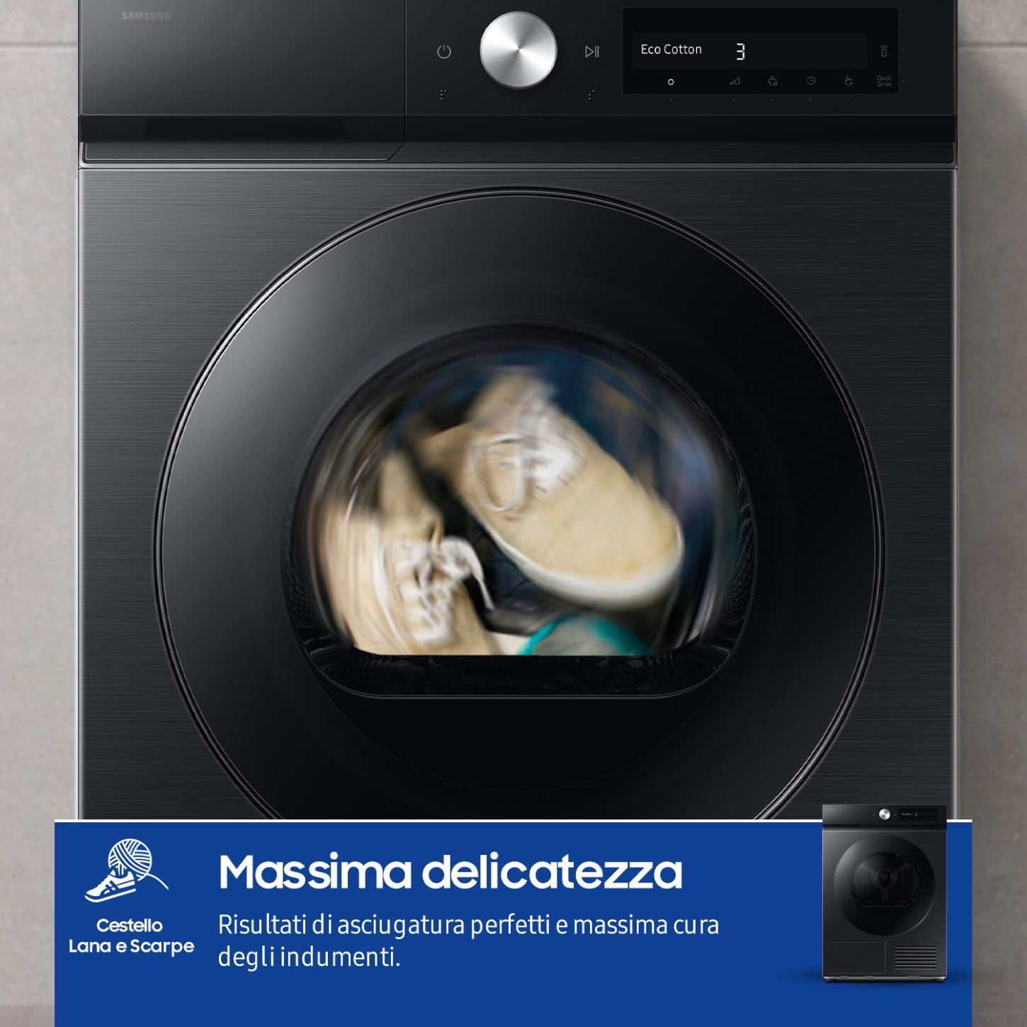 Samsung Asciugatrice Bespoke AI F-DT90DB78GB3M, 9 kg, Pompa di Calore, Wifi, QuickDrive, AI Dry, Hygine Dry, Carica Frontale, 3 Mesi Garanzia Extra, 60L x 85H x 60P cm