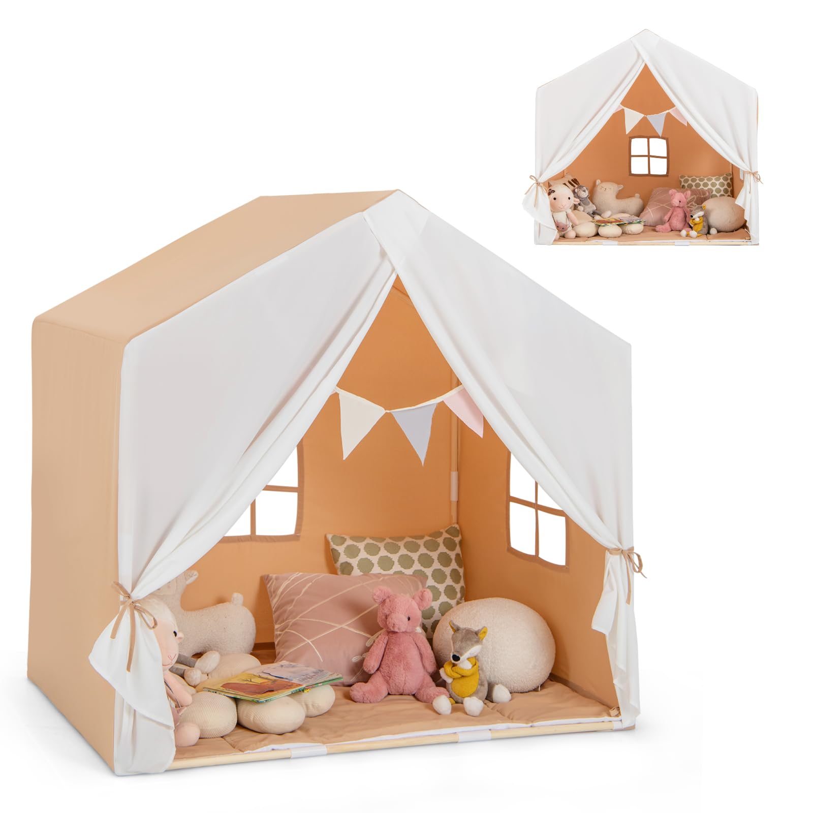 HOMASIS Tienda de campaña Infantil de Interior, Tienda de Juego con colchoneta y Cortina y Banderas, casita de Juego de Estructura de Madera para niños de 3+ años, 131 x 91 x 131 cm (Marrón)