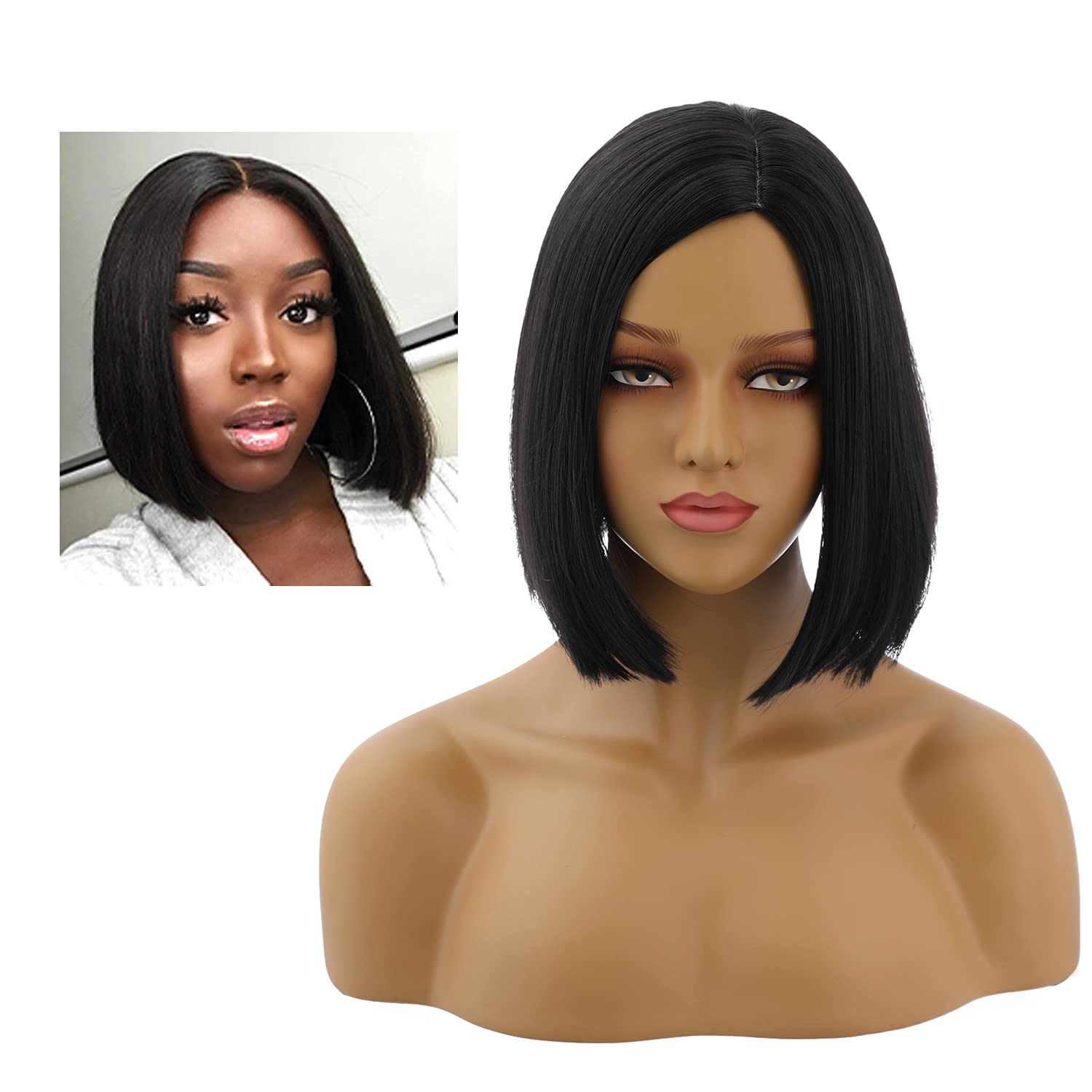 UfindcosBlack Wig Black Bob Wig Middle Part Short Straight Wig Black Hair Wigs for Women Girls Synthetic Heat Resistant Halloween Costume Party Wig with Wig Cap (Black, 10 Inches)