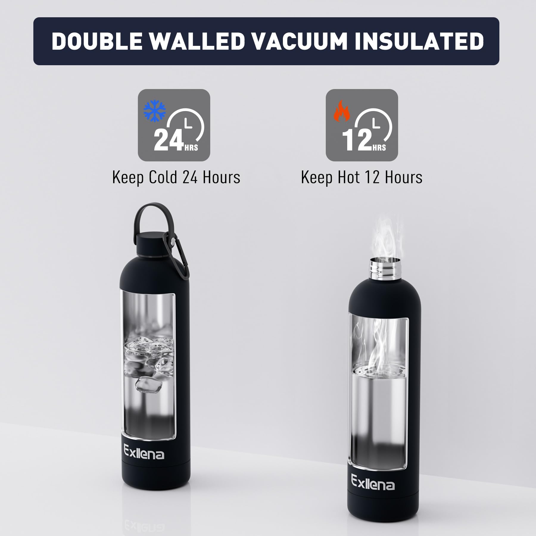 Exllena Borraccia Termica 1 Litro con Maniglia e Moschettone - Bottiglia Termica 1 Litro Mantenere Calore/Freddo - Senza BPA - 100% A Tenuta Stagna per Escursioni, Campeggio, Viaggi, Sport...(Nero)