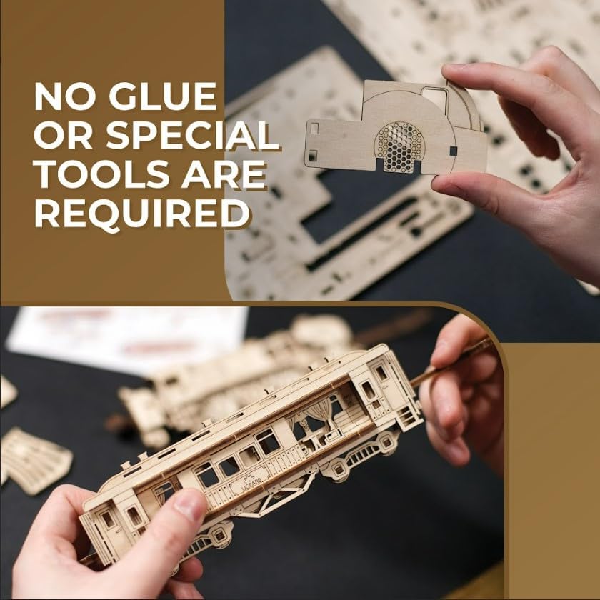 Vista 5 de UGEARS Steam Express enmarcado 2.5D Kit de modelo clásico de madera de tren con ruedas móviles, mecanismos y puertas Kits de modelos