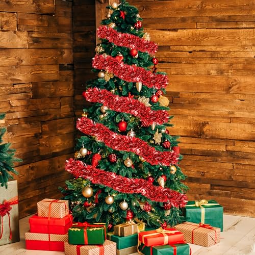 Image of 70 Ft Christmas Tinsel Garland Metallic Tinsel Twist Garland Glitter Christmas Tree Hanging Decorations for New Year Party Birthday Holiday Indoor Outdoor Supplies (Red)