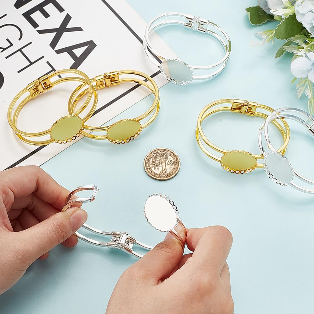GOMAKERER 6 Pcs 25mm Bezel Blank Bracelet, Adjustable Round Cabochon Blank Bezel Tray Bangle with Lace Edge Brass Cuff Bangles for DIY Jewelry Making Craft, Platinum Golden - Image 3