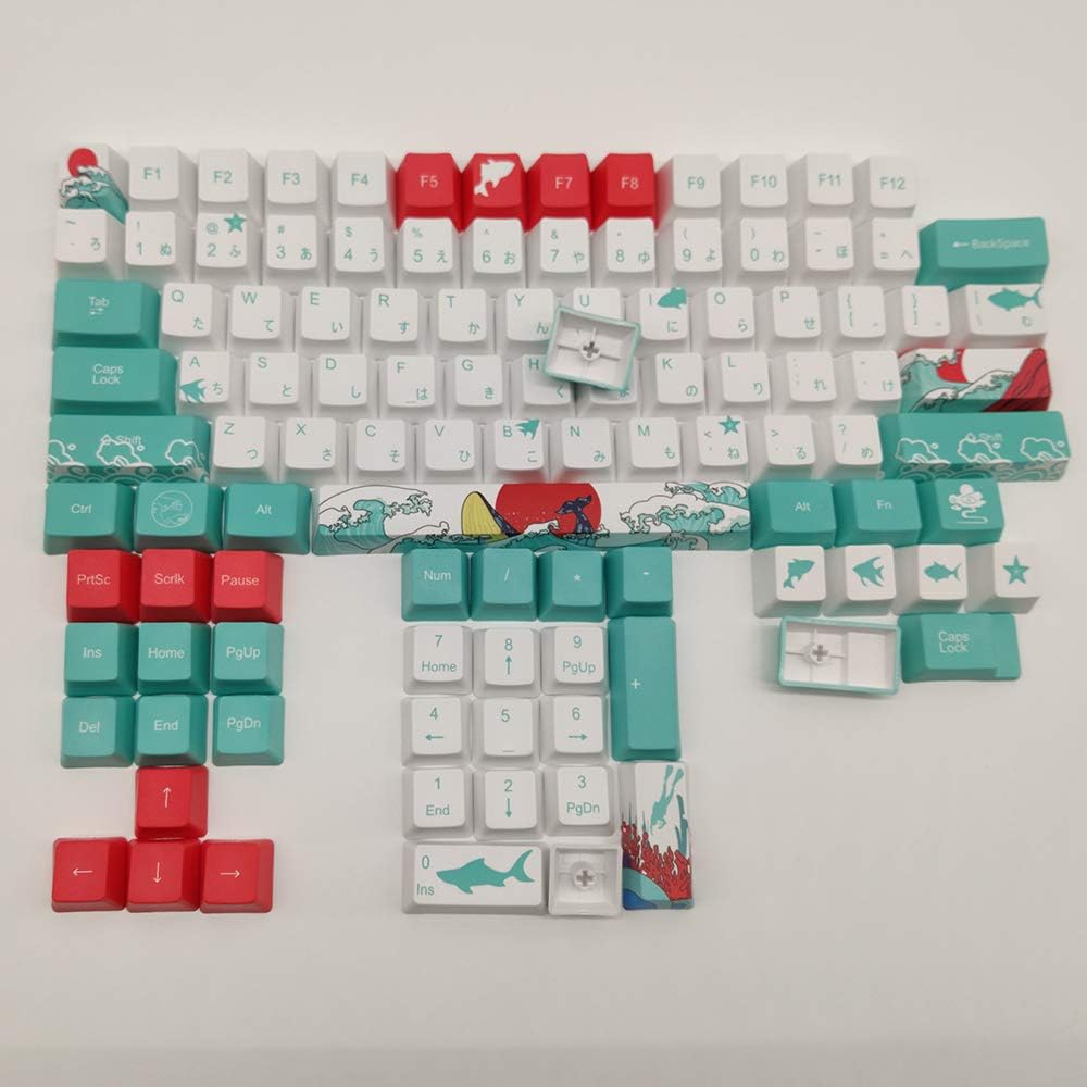 Japanese Style Coral Sea Design Blue White Red Keycaps for Cherry MX Switch Mechanical Keyboard Japanese Language OEM PBT Keycap