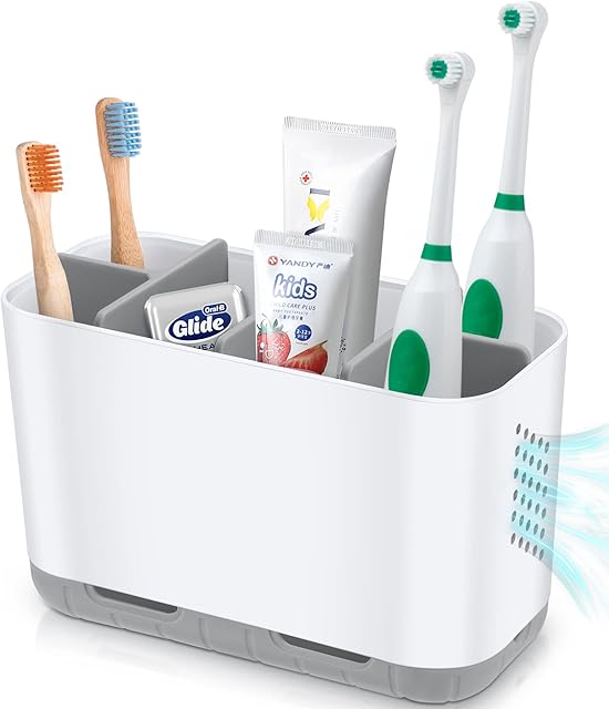 Boperzi Toothbrush and Toothpaste Holder Drainage for Bathroom Countertop with Adjustable Dividers, Large Toothpaste Caddy Organizer Storage Rustic Decor Set Anti-Slip for Shower,Family,Kids Gray