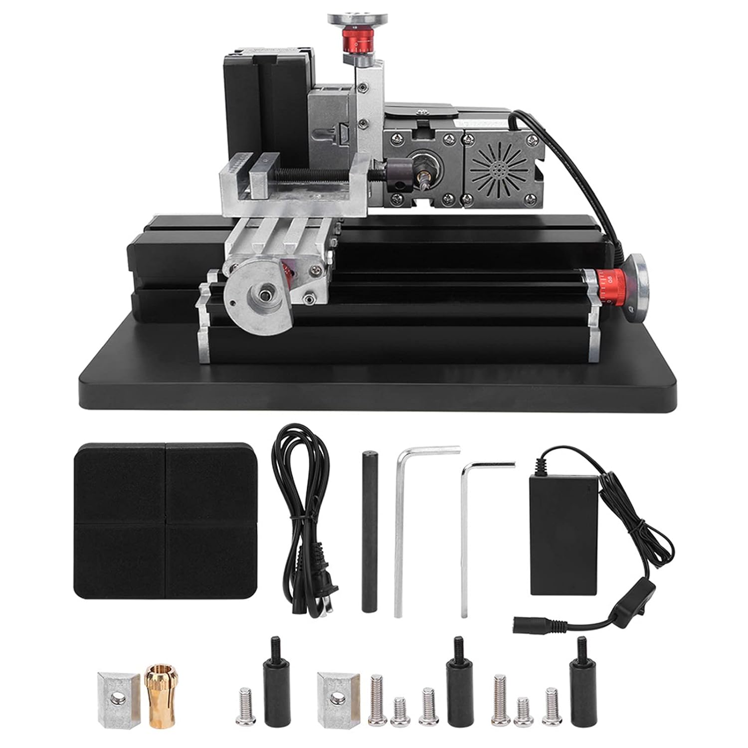 12000RPM 60W Mini Lathe, 12V DC 5A Heavy Duty Power Mini Metal Milling Machine Mini Horizontal High Power TZ20005MM US Plug 100-240V