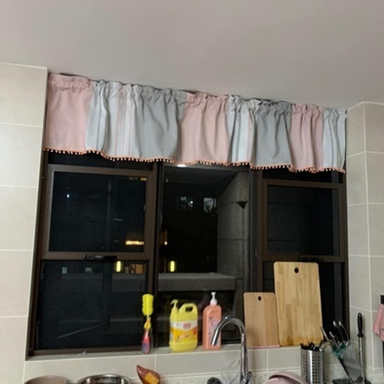 Kitchen Curtain Multicolor Striped Half Curtain,Cafe Curtains Country Style,Bistro Curtain for Kitchen Bedroom,Short Curtain with Pompoms,Tier Curtains Valance,Curtains Made of Cotton and Linen