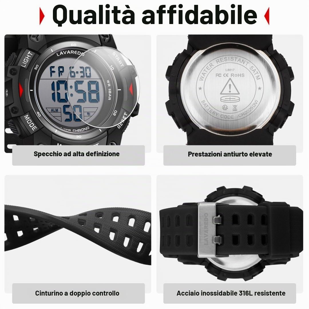 Timever Orologio Digitale Uomo 5 ATM, Silicone, Sveglia e Cronometro | Cinturino in silicone, sveglia, cronometro, data e luce; modello sportivo da uomo resistente all’acqua fino a 5 ATM.