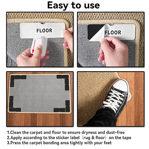 Urdar Brunnr Rug Carpet Non Slip Grippers, Reusable Rug Tape Pads, Strong Adhesive Carpet Grippers for Area Rugs, Keep Corners Flat, No Damaging for Floor Removable, 12Pcs