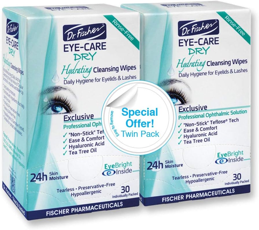 Dr. Fischer Tea Tree Eyelid Wipes for Dry Eyes - Gentle Eye Wipes for Everyday Eye Conditions and Hypoallergenic Makeup Remover (60 Wipes)