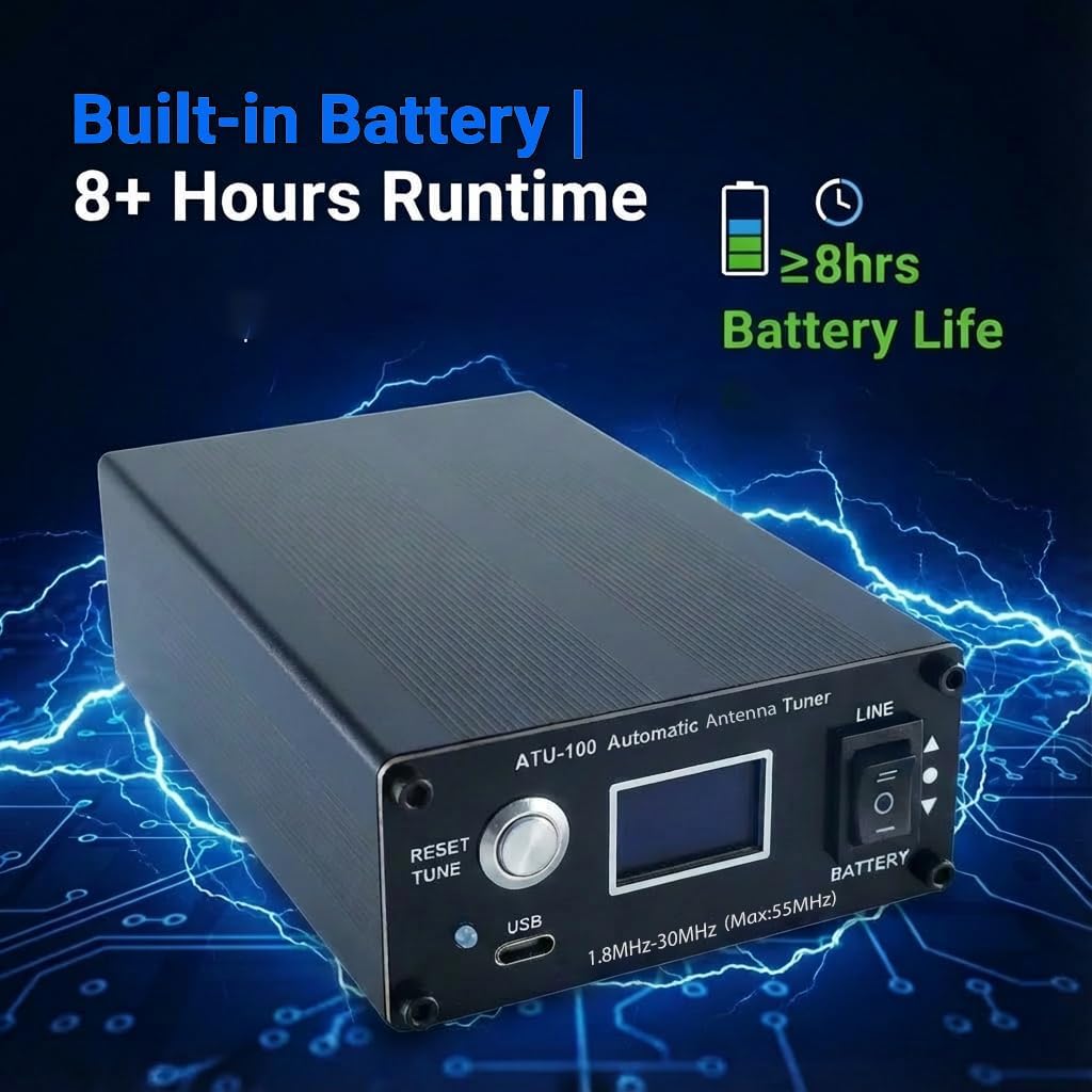 V3.2 ATU-100 EXT Automatic Antenna Tuner for Ham Radio – 1.8-55MHz, Low SWR Tuner, Compact Design, Works with Amateur Radio Equipment, Ideal for POTA/SOTA/DX with 5000mAh Battery