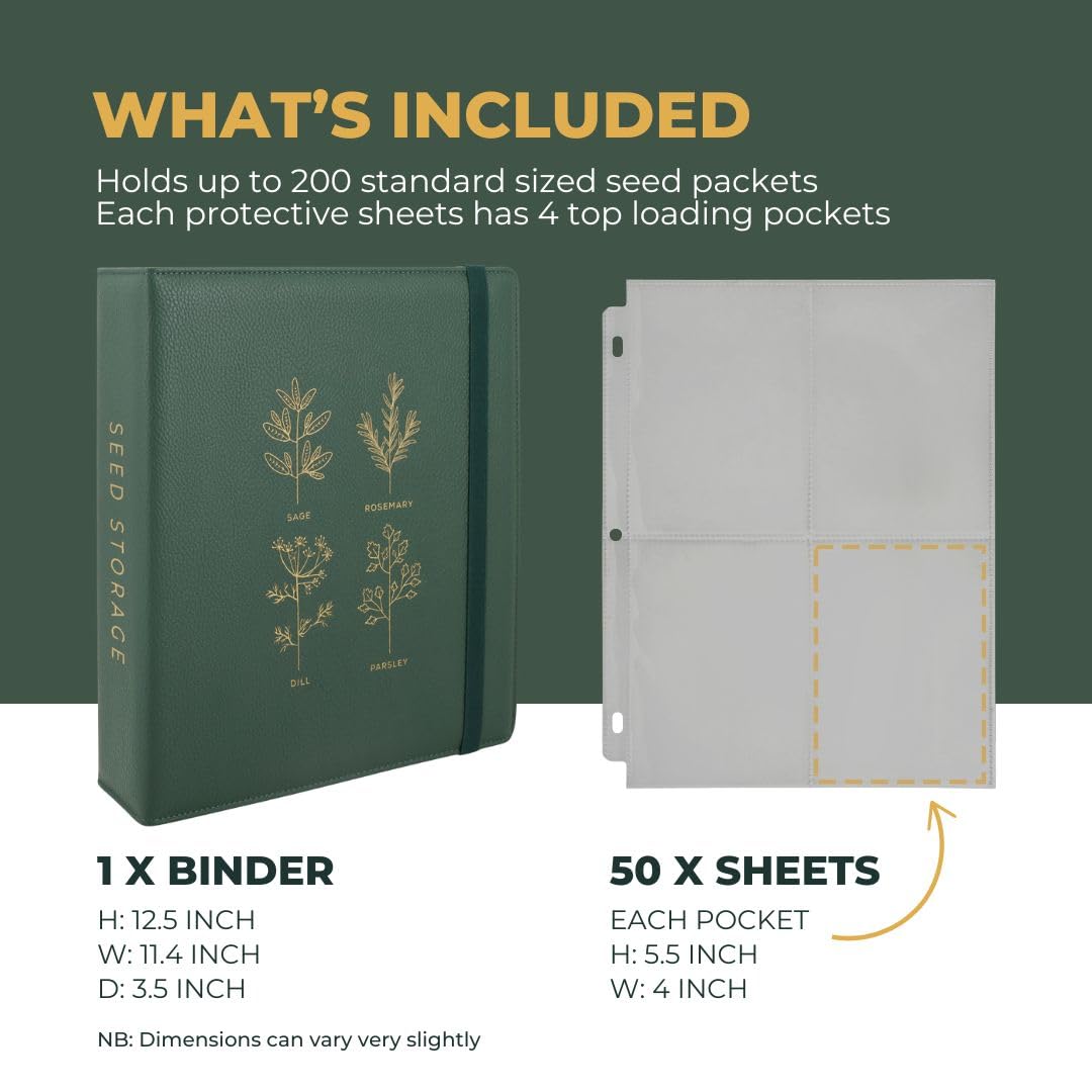 Classeur de rangement de graines – Organiseur de paquets de graines avec 50 protecteurs de feuilles qui stockent 200 enveloppes de graines. Classeur de stockage de graines offrant un kit complet
