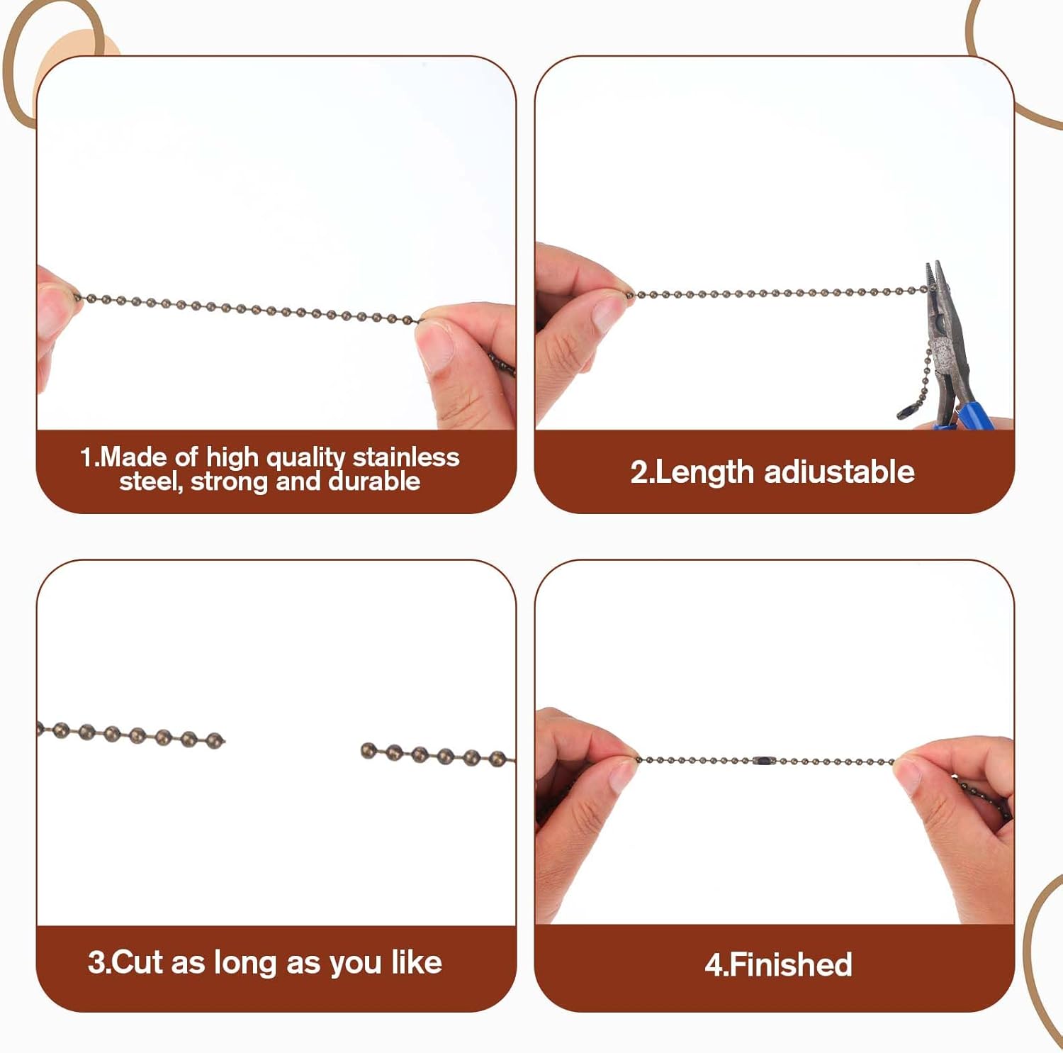 2 Pack 13 Inch Ceiling Fan Pull Chains, Wooden Decorative Pendant Extension Chains, 3mm Diameter Walnut Wood Beaded Ball Chain with Connector, Cord Extension for Ceiling Fans, Lighting Fixtures