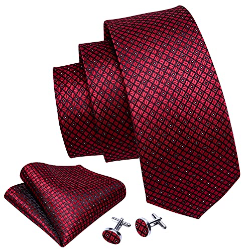 YOHOWA Mens Plaid Ties Burgundy Silk Necktie Pocket Square Cufflinks Set Formal Party Wedding Elegant Box