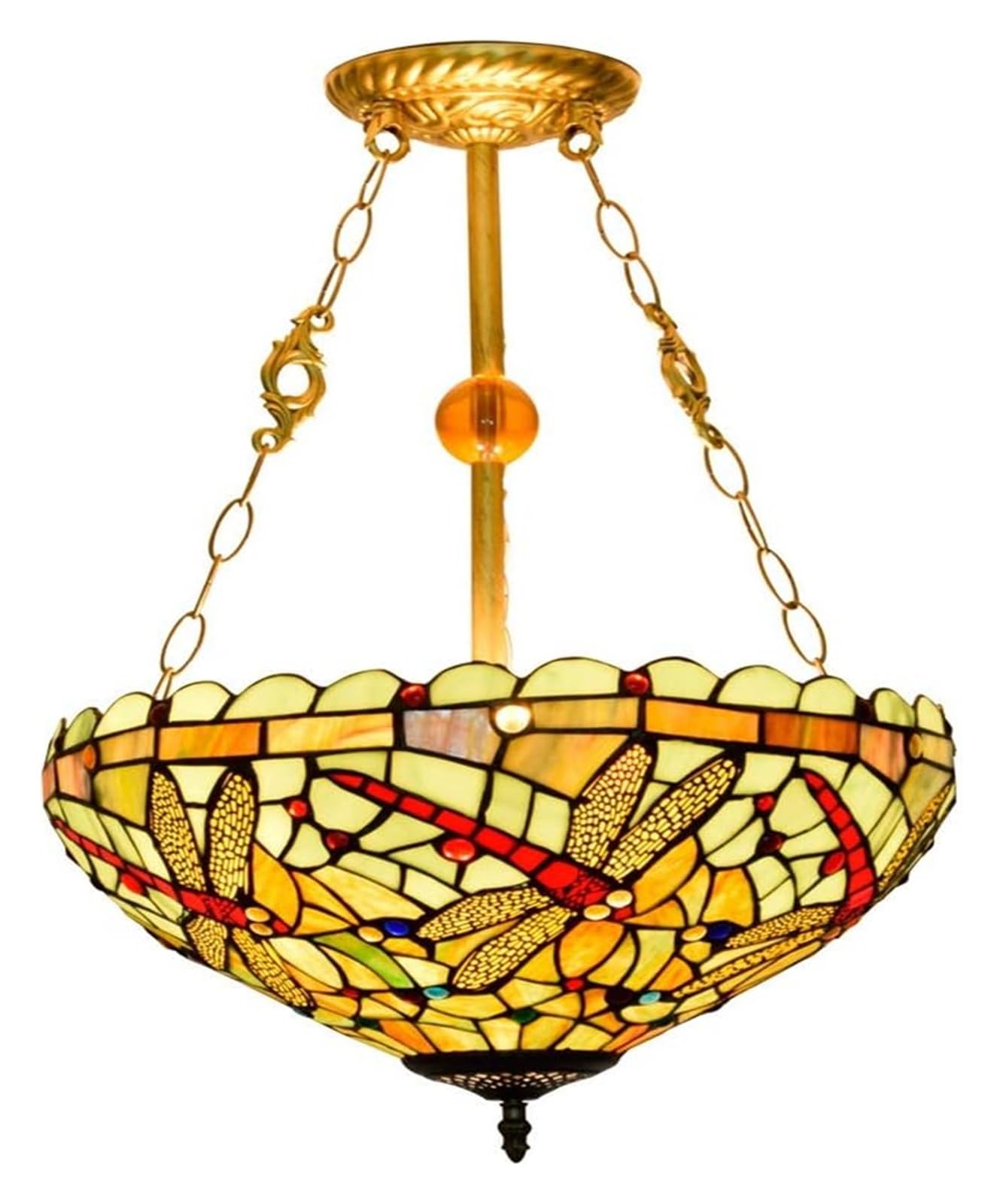 HPTHLY Ceiling Lamp Ceiling Stained Glass Chandelier 16" European Tiffany Pendent Lampgreen Bottom Bar Light Stained Yellow Dragonfly Glass Living Room Bedroom Chandel
