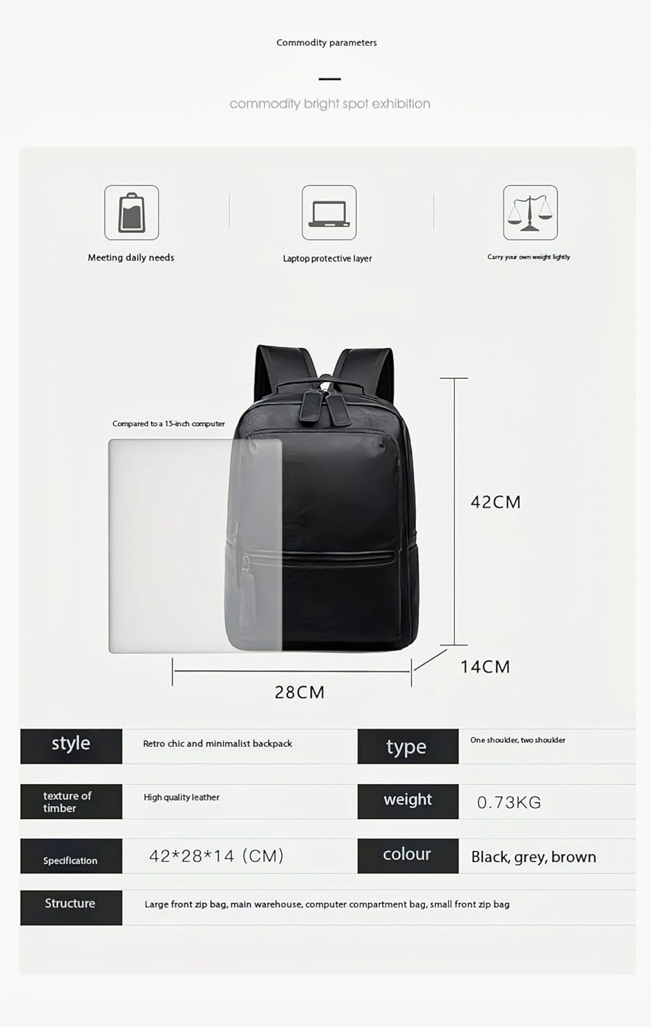 Unisex PU leather laptop bag work business bag hiking backpack leisure day bag university schoolbag (Large,Brown 2) - Image 3