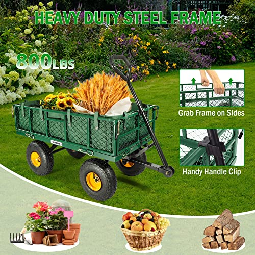 Yardsam Dump Garden Carts 800 Capacity, Heavy Duty Steel Dumping Garden Wagons With Removable Sides, Pullable Handles, 10In All-Terrain Wheels, Utility Liner, For Garden Lawn Yard Farm, Green #TOP2