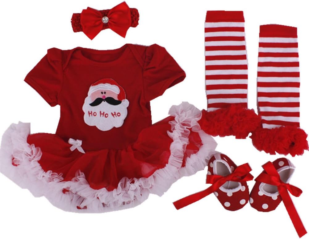Anik Sunny Baby Girl Christmas Costume 4pcs Summer Newborn Infant Baby Girl's Headband +Romper +Leg Warmer +Shoes Outfit (0-3 Months) Red