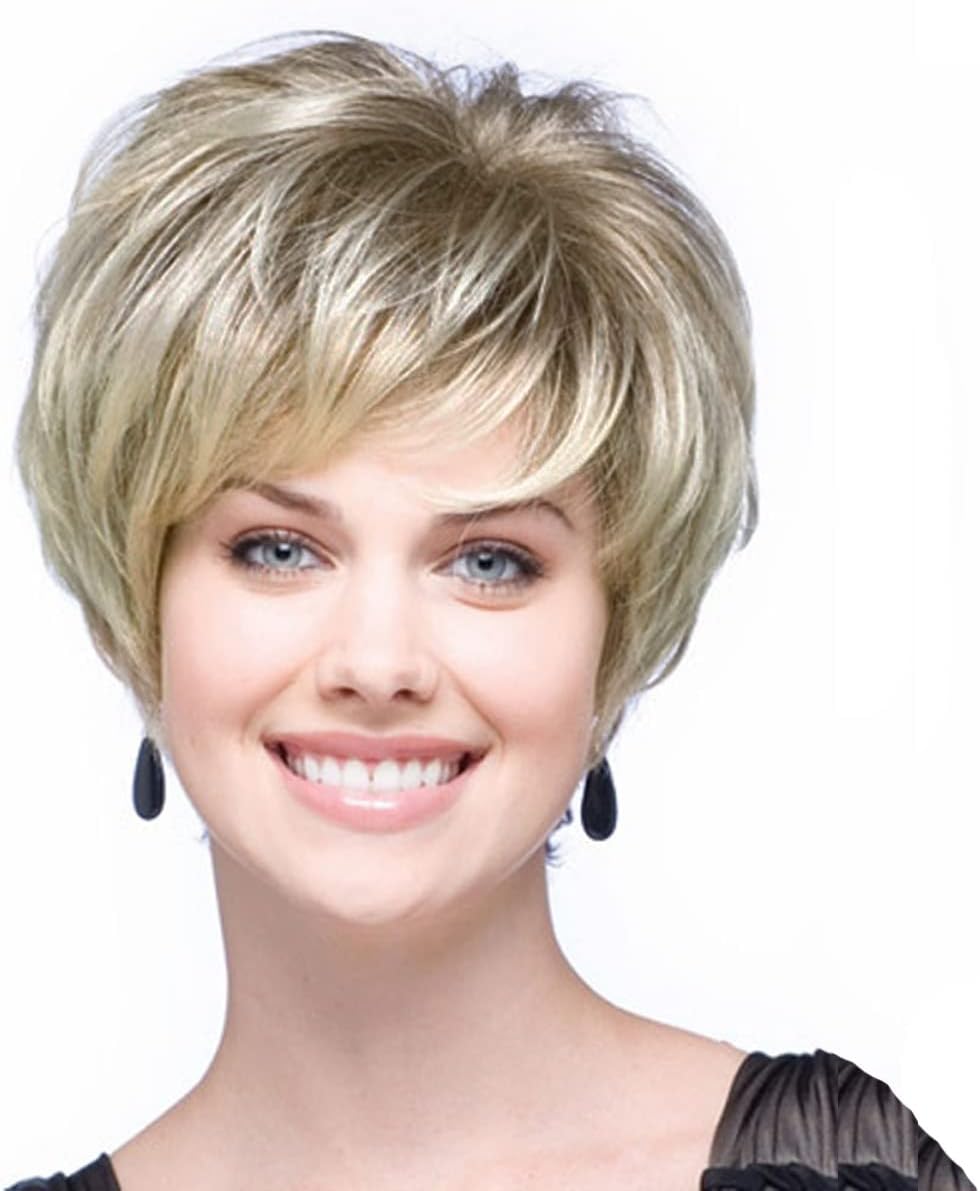 GNIMEGIL Short Blonde Pixie Cut Wigs for White Women with Bangs Dark Roots Old Lady Wig Natural Synthetic Ombre Layered Hairstyles Cosplay Costume Party Halloween Daily Use