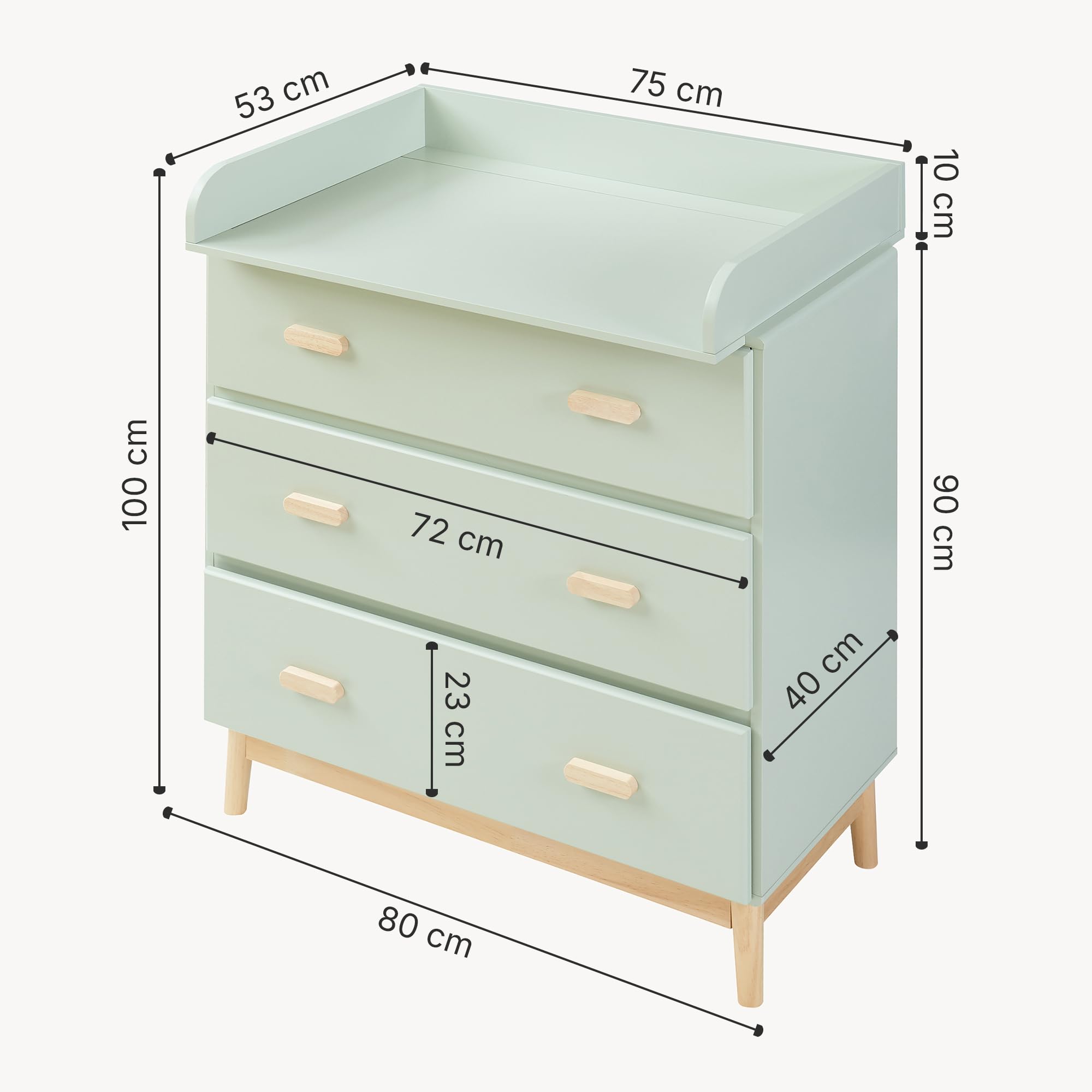 [en.casa] Wickelkommode Sarievn 100 x 80 x 53 cm Wickeltisch mit abnehmbarer Wickelauflage Kommode mit 3 Schubladen Mintgrün