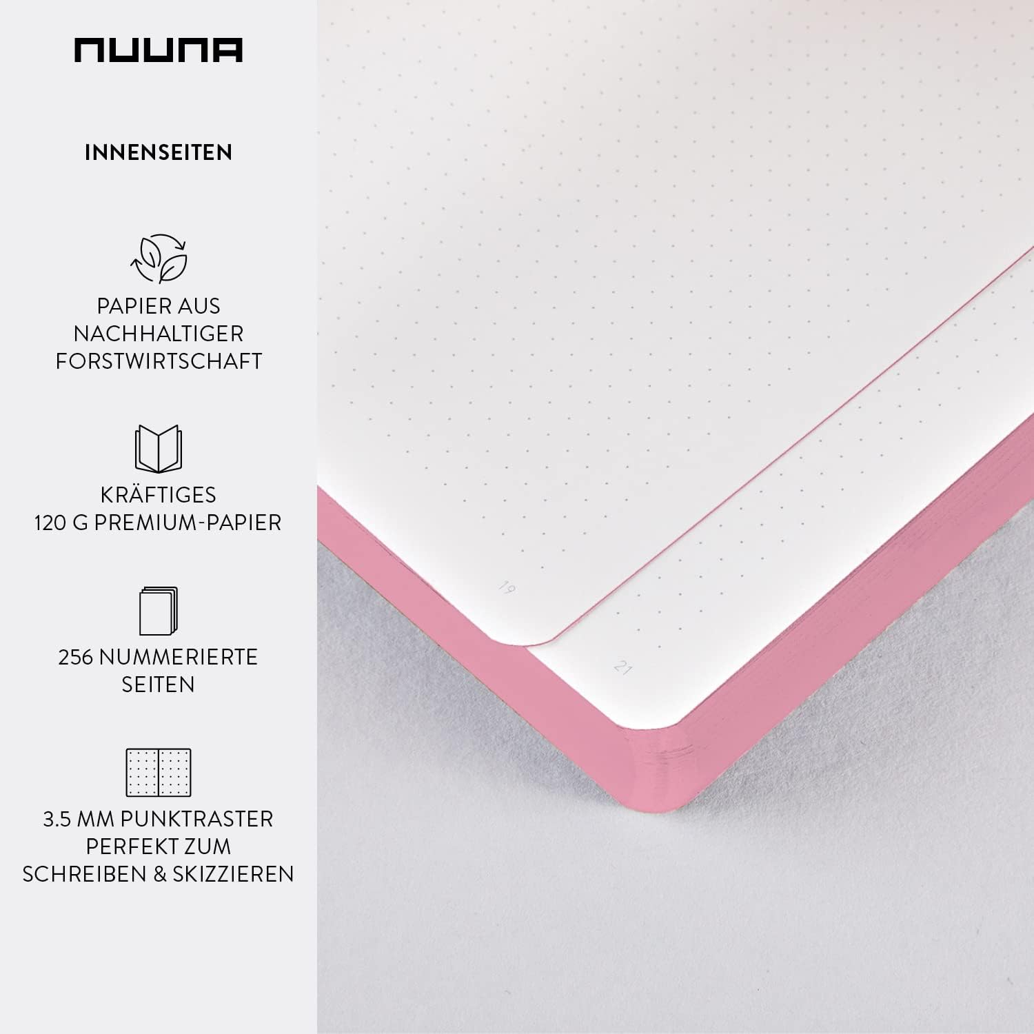 nuuna Notebook A5+ | Graphic L - Sweet Joe | 3.5 mm Dot Grid | 256 Numbered Pages | 120 g Premium Paper | Rose Leather | Sustainably Produced in Germany