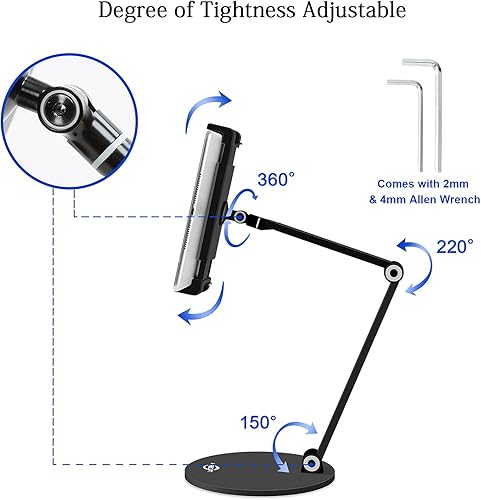 Miniatura 2 de KABCON Soporte para tableta, ajuste ajustable giratorio de 360, multiángulo, nivel de ojo, de aluminio, sólido, brazo largo, para iPad Series,