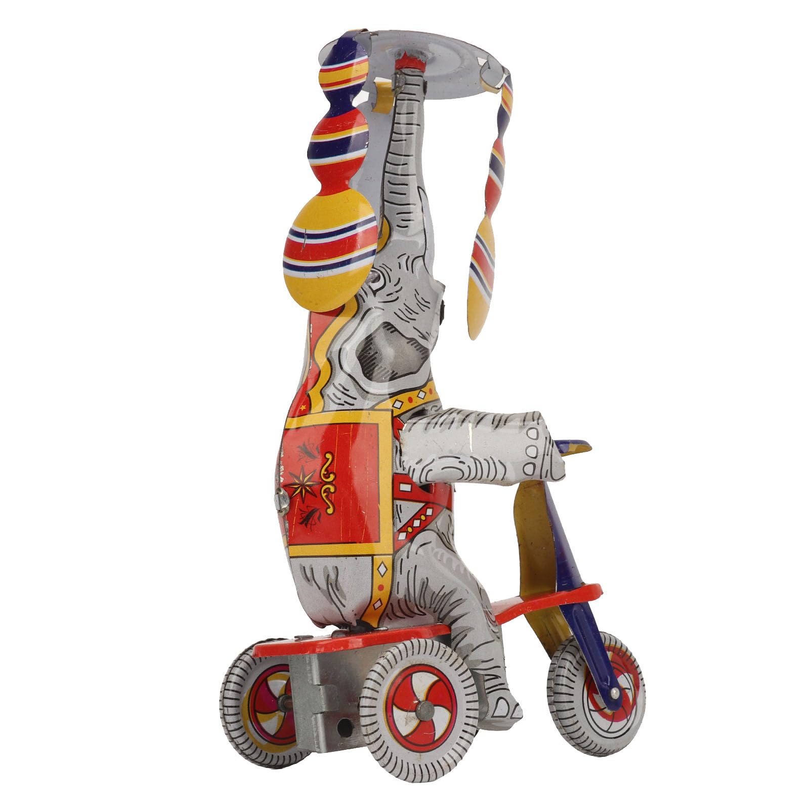 Jouet Vintage En étain éléphant Monté Sur Un Tricycle Rouge Avec