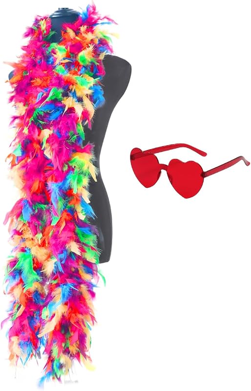 JICASTO Boas de plumas coloridas de 45 g, boa de plumas de 6,6 pies para mujer para bailar, boda, fiesta, Halloween, con lentes de sol en forma de corazón