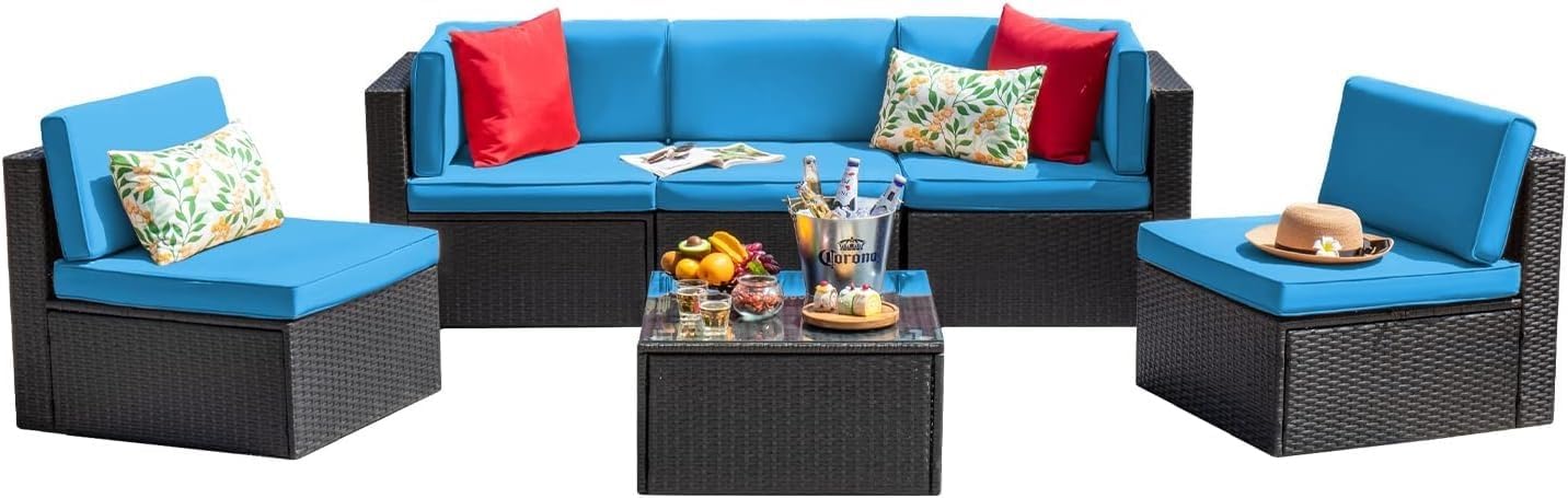 6-Piece Outdoor Patio Furniture Set with Manual Weaving Rattan Sectional Sofa, Glass Coffee Table, Cushions Included, Wicker Patio Conversation Set for Garden, Backyard, Porch Lounge Areas(Blue)