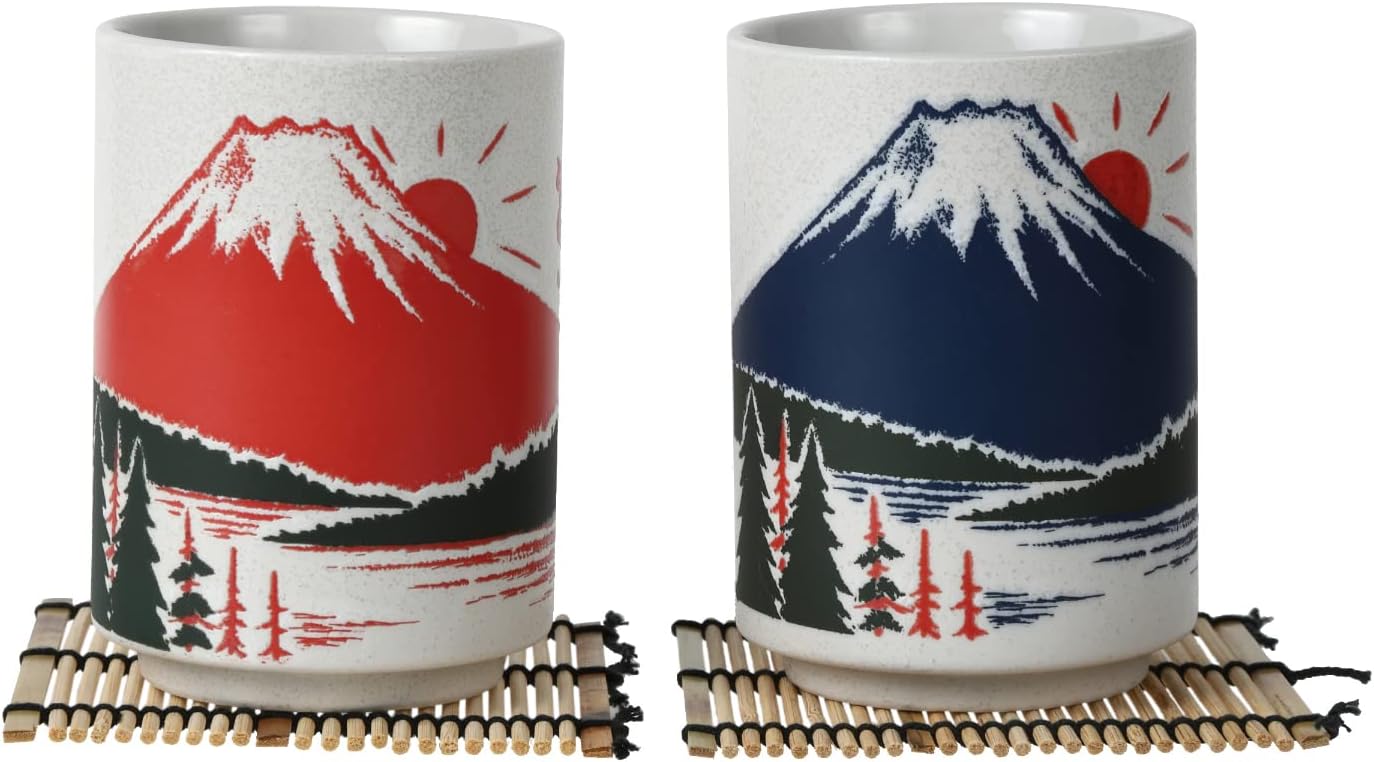Japanese Tea Cups Sushi-Yunomi Mino Ware With Bamboo Coaster (Set of 2) (Mt. Fuji)