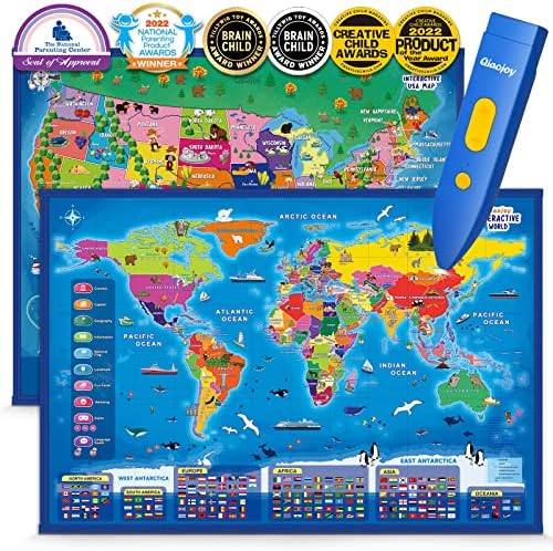 Qiaojoy Bilingual Interactive for Kids Talking USA Map World Map for Kids Learning, Geography Toys Games Educational Electronic Map Personalized Gift/Toys for 4 5 6 7 8 9 10 Year Old Girls/Boys…