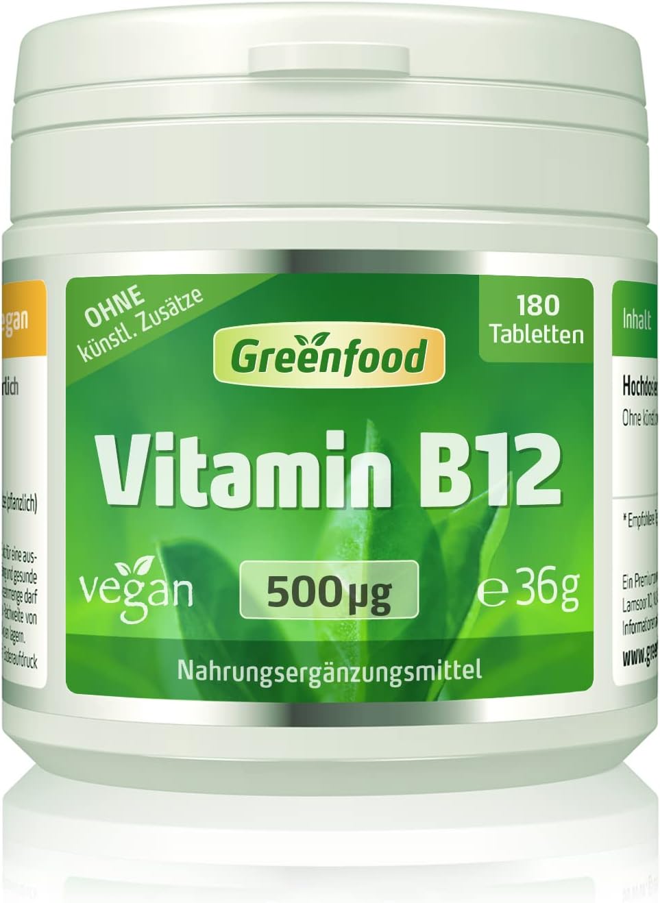 Greenfood Vitamin B12 Tabletten 500 µg Hochdosiert 180 vegane Tabletten Wichtig für