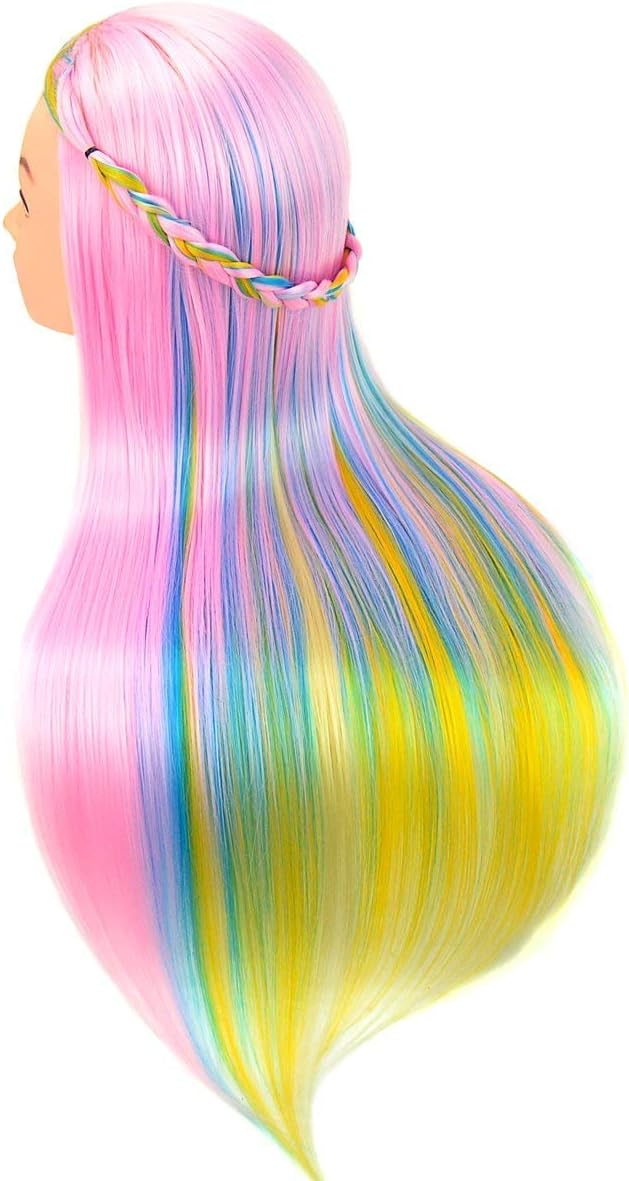 PERFEHAIR Hairdressing Mannequin Manikin Heads with 100% Synthetic Fiber Hair, Colorful Mannequin Practice Styling Training Dolls Model Head- Synthetic Hair (Pink Series)