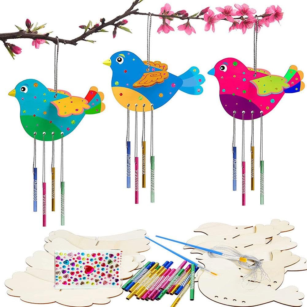 8 Pack 3D Bird Wind Chime Craft Kit for Kids, Make Your Own Birds Wind Chime Hanging Ornament DIY Wooden Arts and Crafts for Children Girls Boys Gift