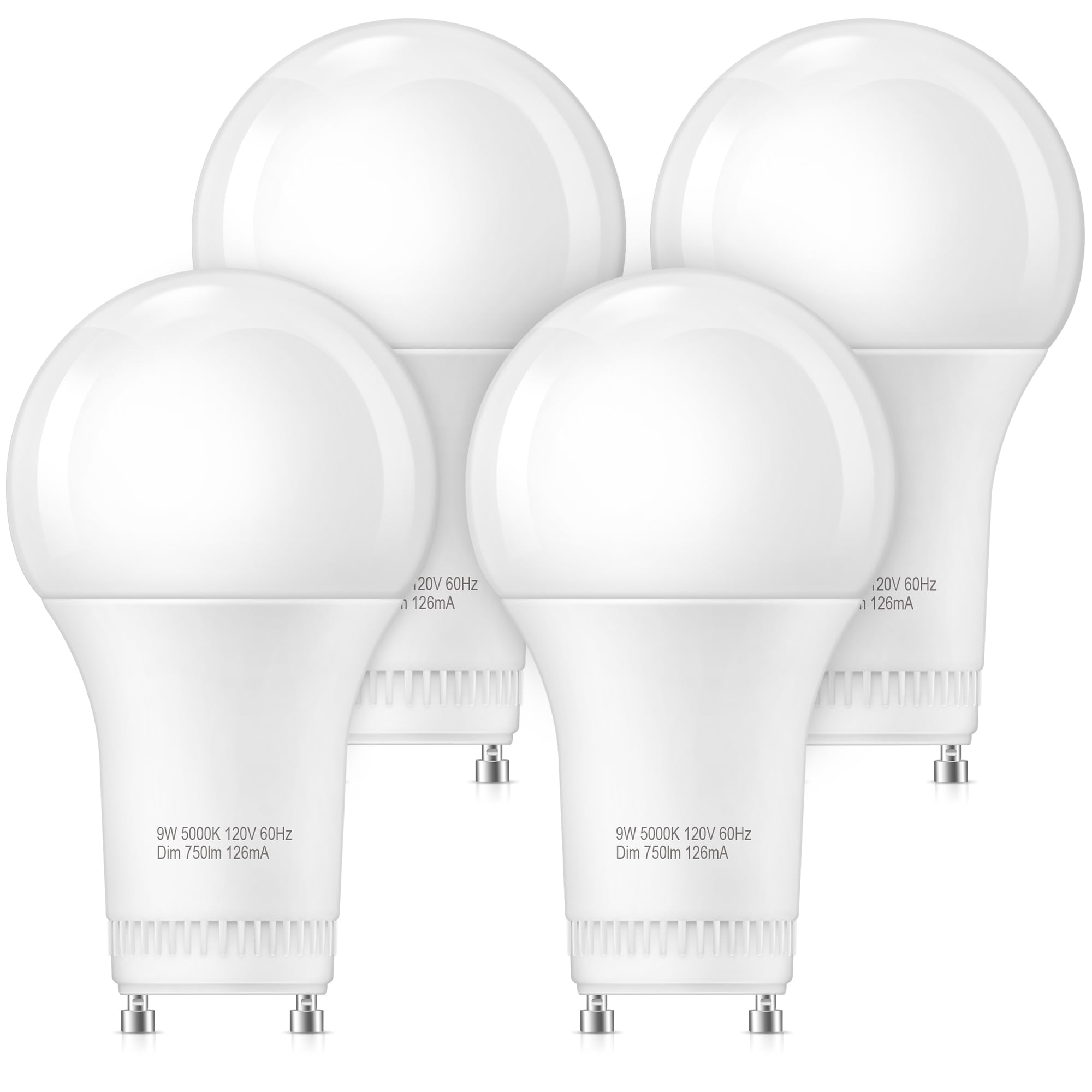 GU24 LED Light Bulb 75 Watt Equivalent, Dimmable 5000K Daylight White A19 Lightbulbs, 9W 750LM for Ceiling Fan, Kitchen, Twist Lock GU24 Base with Two Prongs, Pack of 4