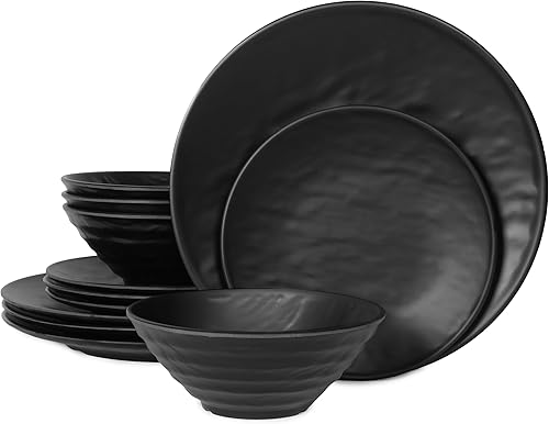 Lechoo Juego de vajilla de melamina, platos y cuencos para uso en interiores y exteriores, ligero, irrompible, apto para lavavajillas, servicio para