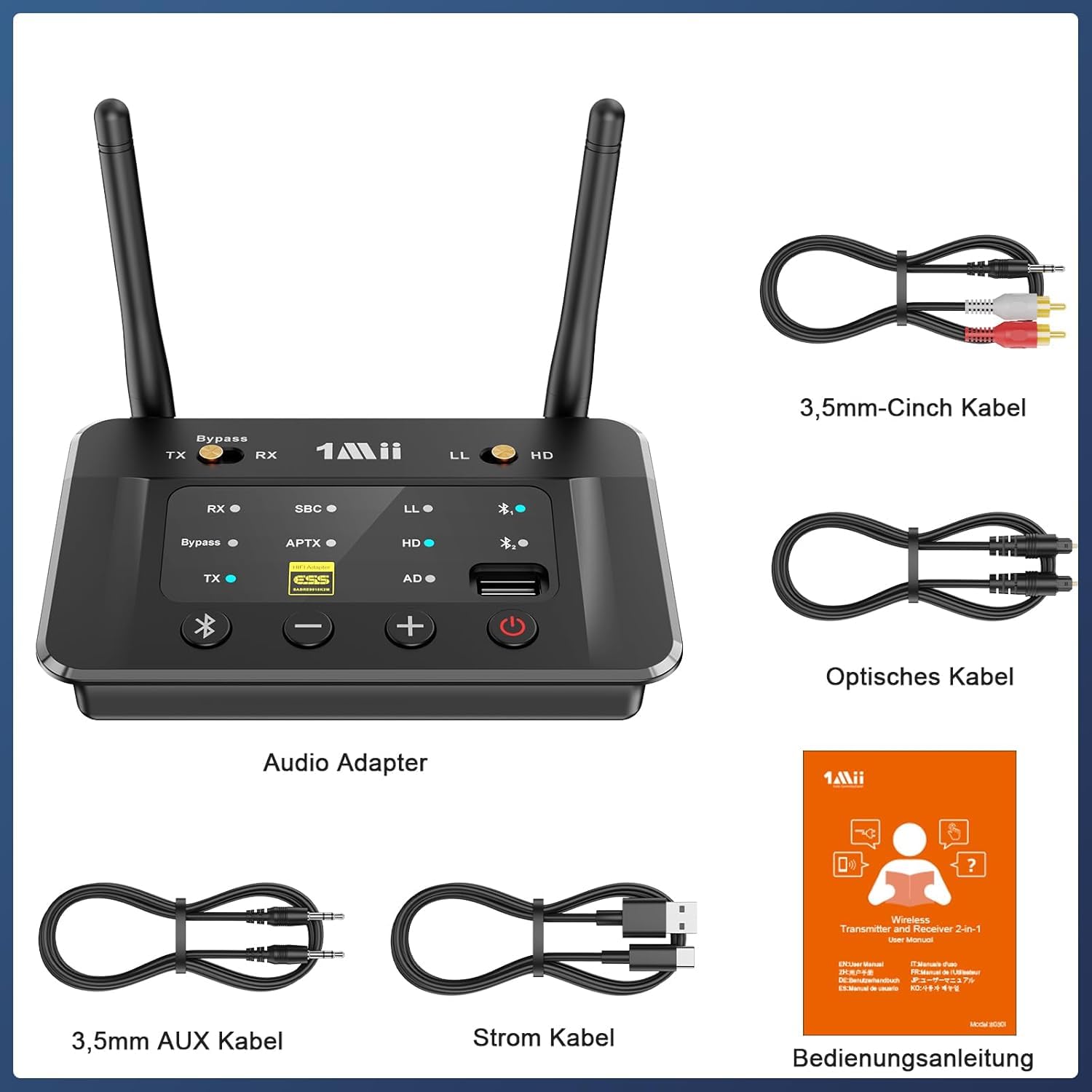 1Mii B03S Bluetooth Transmitter & Empfänger für TV und Stereoanlage, 3-in-1 HiFi Audio Adapter mit ESS DAC, aptX Adaptive & Low Latency, Dual Link für 2 Kopfhörer, Bluetooth 5.3, Optisch/Cinch/AUX