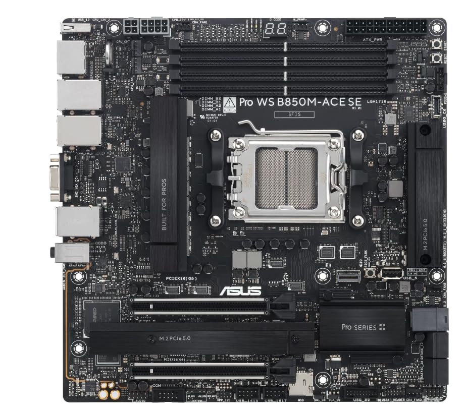 ASUS PRO WS B850M-ACE SE AMD B850 AM5 Soket, DDR5 8200, DP HDMI VGA, USB4, Çift M.2, 10Gb LAN, mATX Anakart, IPMI Uzaktan Yönetim