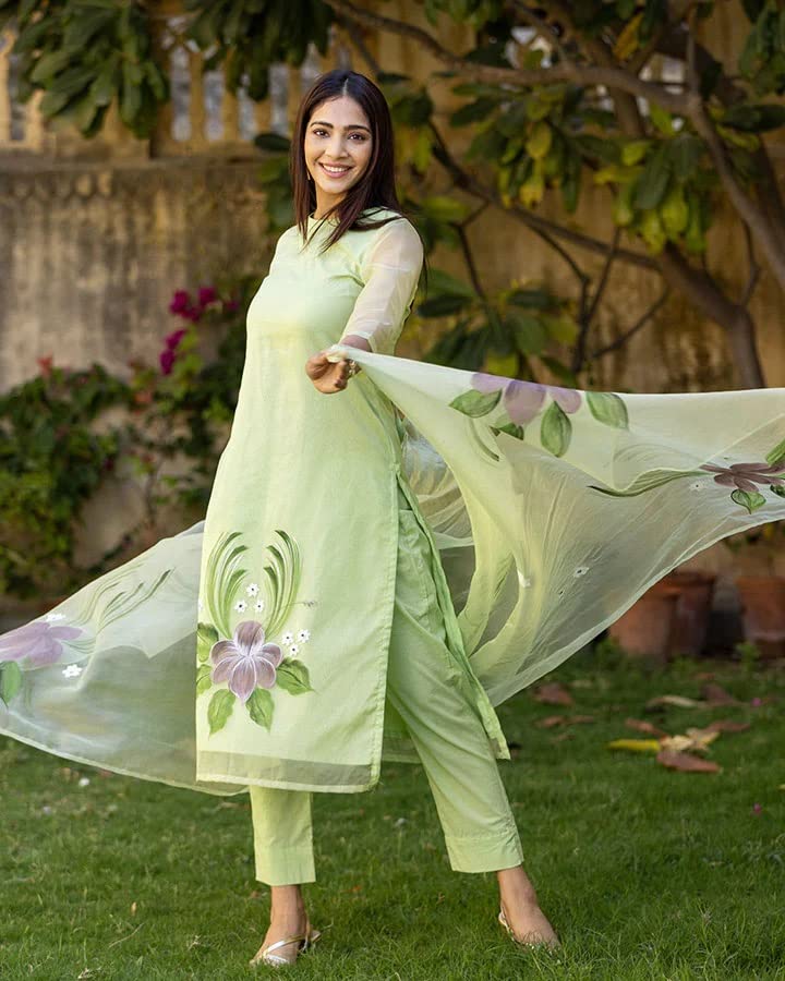 Image of ANNI DESIGNER Women's Chanderi Cotton Straight Printed Kurta with Pant & Dupatta